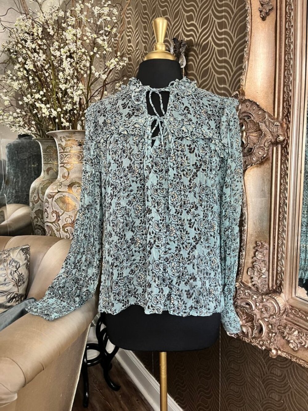 Cleobella blue floral print ruffle split neck tie front top